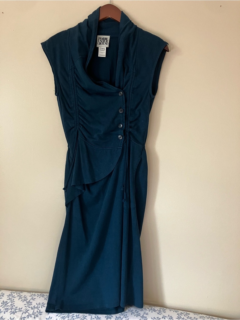 Prairie Underground Indigo Sleeveless Draped Midi Dress with Button Accents
